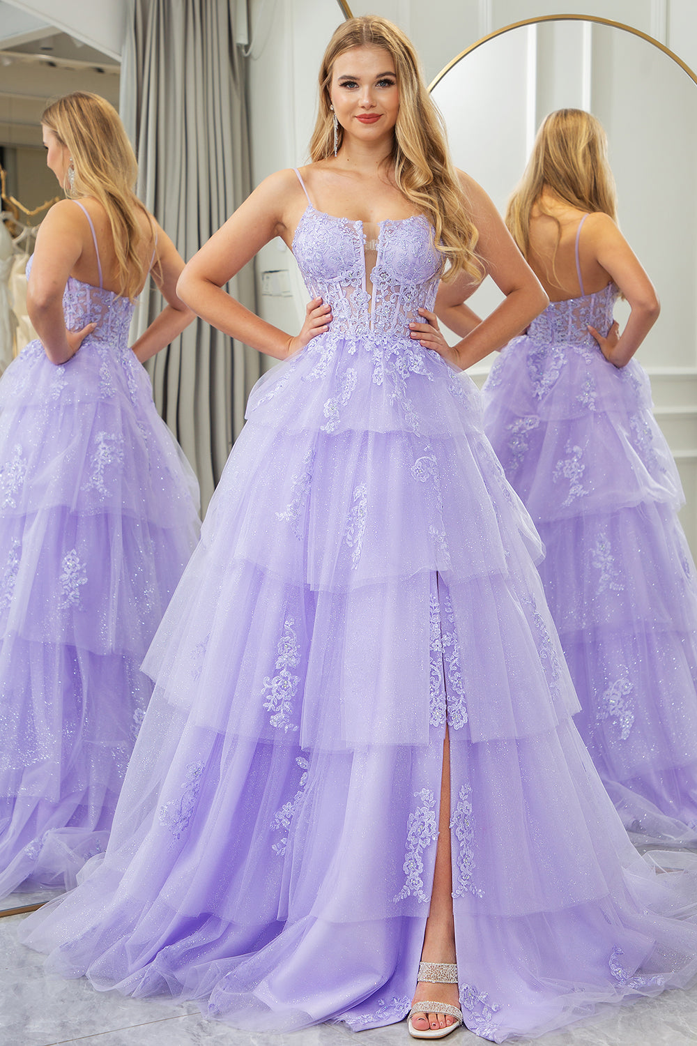 Lilac A Line Appliqued Tiered Long Corset Prom Dress With Slit Floor Length Sexy