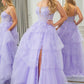 Lilac A Line Appliqued Tiered Long Corset Prom Dress With Slit Floor Length Sexy