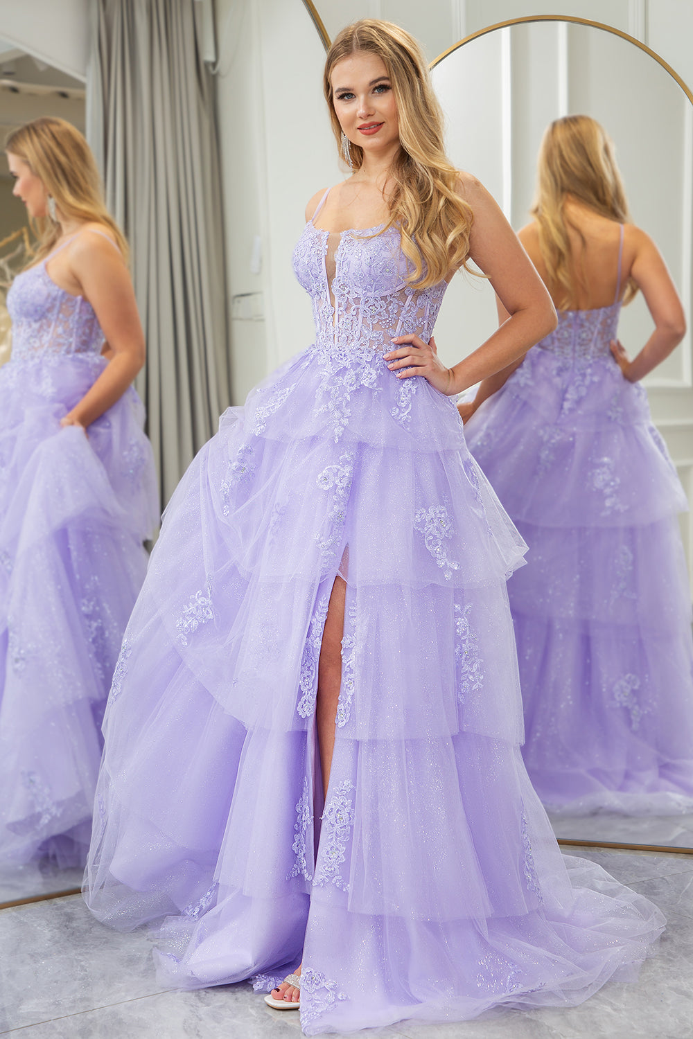 Lilac A Line Appliqued Tiered Long Corset Prom Dress With Slit Floor Length Sexy