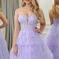 Lilac A Line Appliqued Tiered Long Corset Prom Dress With Slit Floor Length Sexy