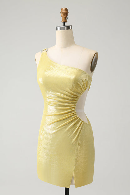 Sparkly Bodycon One Shoulder Hollow Out Pleated Short Homecoming Dress Sexy