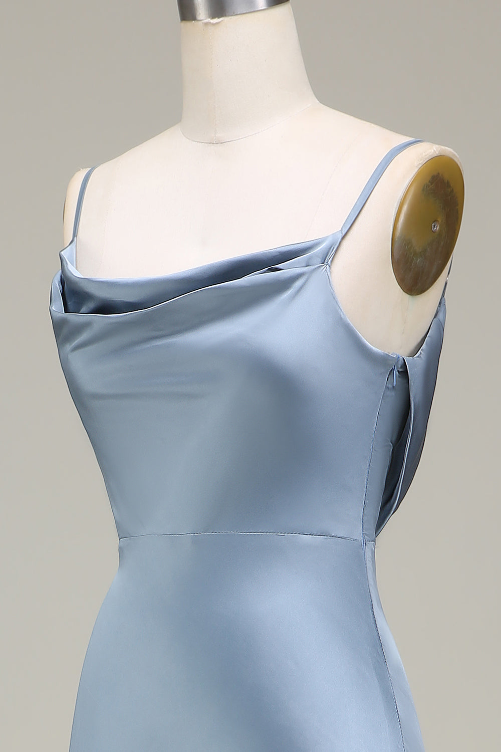 Dusty Blue Sheath Spaghetti Straps Long Satin Bridesmaid Dress Floor Length