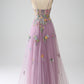 Mauve A-Line Spaghetti Straps Tulle Long Prom Dress With Embroidery With Flowers