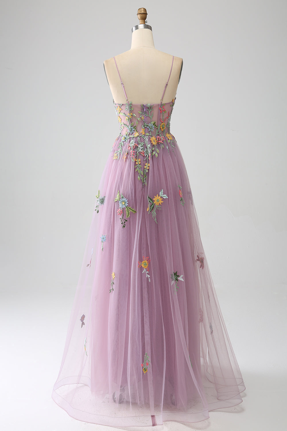 Mauve A-Line Spaghetti Straps Tulle Long Prom Dress With Embroidery With Flowers