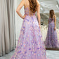 A Line Spaghetti Straps Front Slit Tulle Applique Long Prom Dress With Embroidery With Flowers