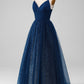 Navy Ball-Gown Spaghetti Straps V-Neck Long Beaded Tulle Prom Dresses Sparkly Evening Dresses