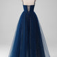 Navy Ball-Gown Spaghetti Straps V-Neck Long Beaded Tulle Prom Dresses Sparkly Evening Dresses