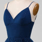 Navy Ball-Gown Spaghetti Straps V-Neck Long Beaded Tulle Prom Dresses Sparkly Evening Dresses