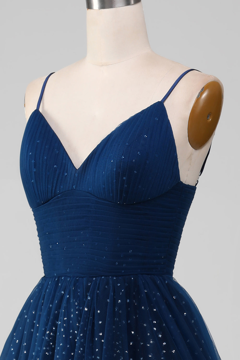 Navy Ball-Gown Spaghetti Straps V-Neck Long Beaded Tulle Prom Dresses Sparkly Evening Dresses