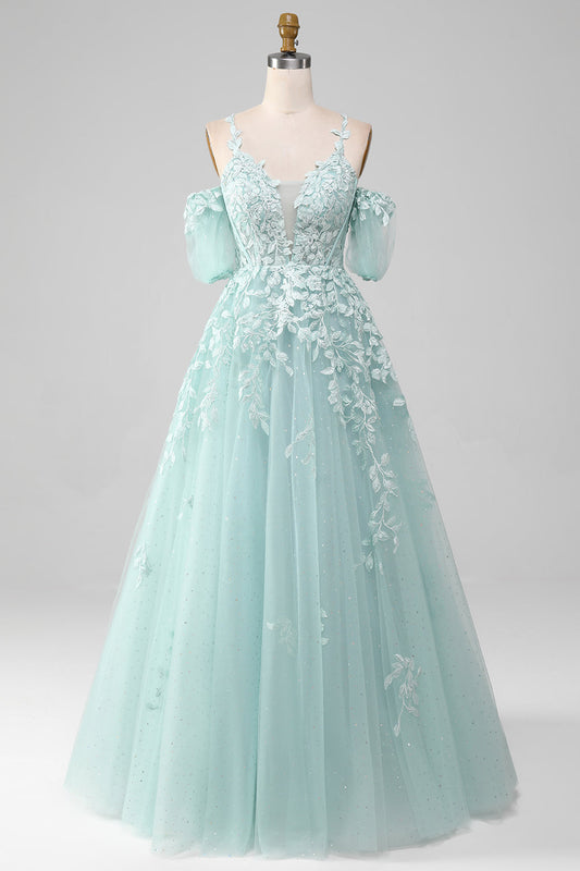 Ball-Gown Off The Shoulder Beaded Mint Prom Dress With Appliques Floor Length Beautiful