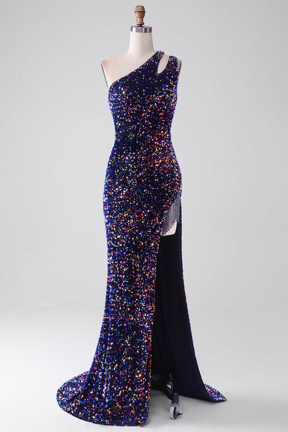 Black Mermaid One Shoulder Sequins Long Prom Dress with High Slit Sparkly Evening Dresses