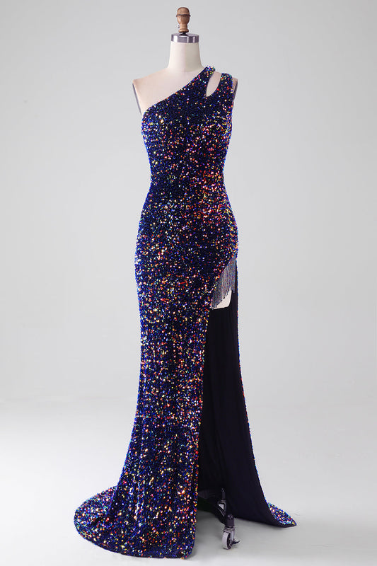 Black Mermaid One Shoulder Sequins Long Prom Dress with High Slit Sparkly Evening Dresses