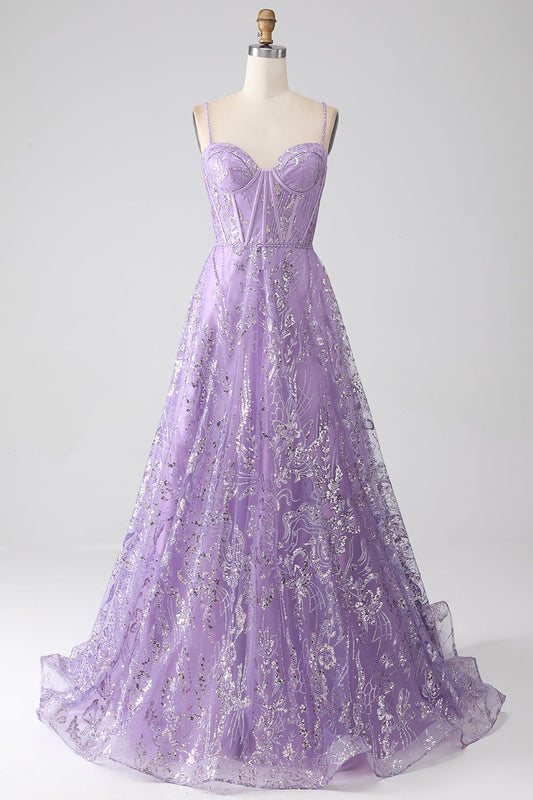 A-Line Spaghetti Straps Lilac Corset Prom Dress with Sequins Floor Length