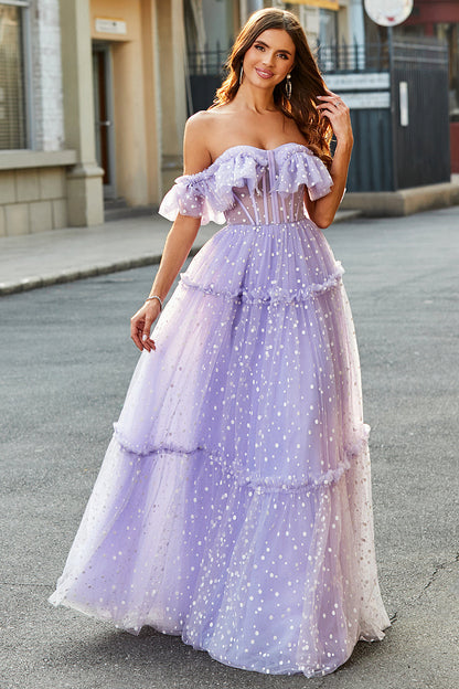 Lilac Princess A-Line Off The Shoulder Pleated Tiered Long Prom Dress Sexy