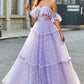 Lilac Princess A-Line Off The Shoulder Pleated Tiered Long Prom Dress Sexy