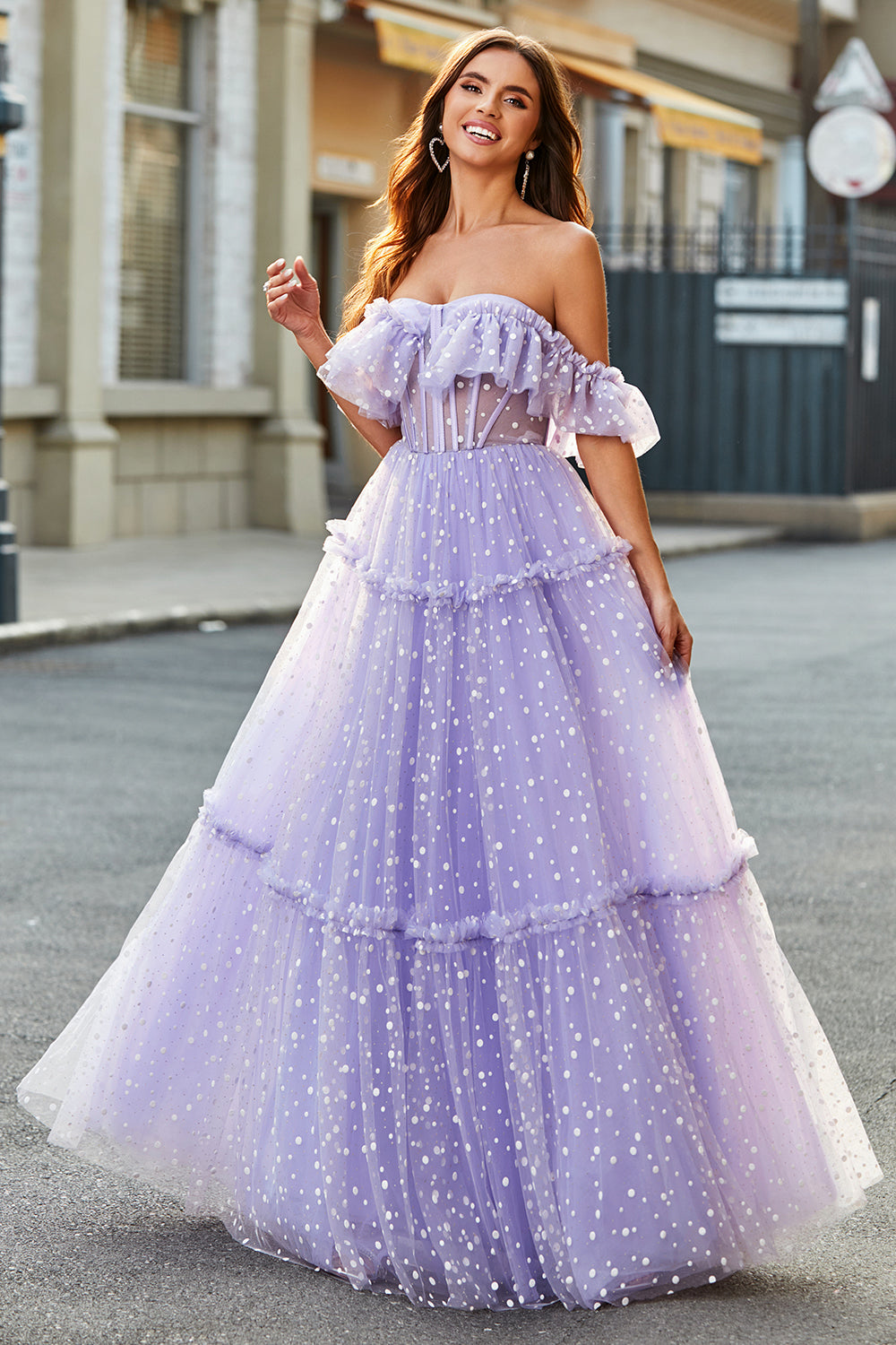 Lilac Princess A-Line Off The Shoulder Pleated Tiered Long Prom Dress Sexy