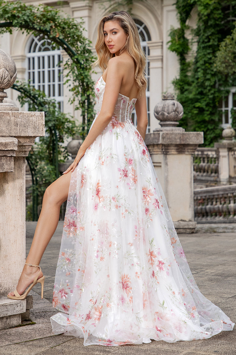 Elegant Sparkly Ivory Flower A Line Sweetheart Sequin Corset Party Dress With Slit Beautiful