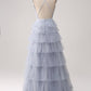 Dusty Blue A-Line Spaghetti Straps Tiered Floor Length Tulle Prom Dress V-neck