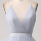 Dusty Blue A-Line Spaghetti Straps Tiered Floor Length Tulle Prom Dress V-neck