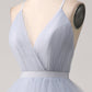 Dusty Blue A-Line Spaghetti Straps Tiered Floor Length Tulle Prom Dress V-neck