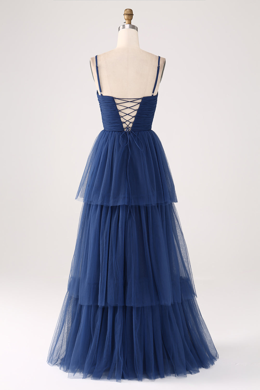 Navy A Line Spaghetti Straps Tulle Pleated Floor Length Bridesmaid Dress With Slit Beautiful