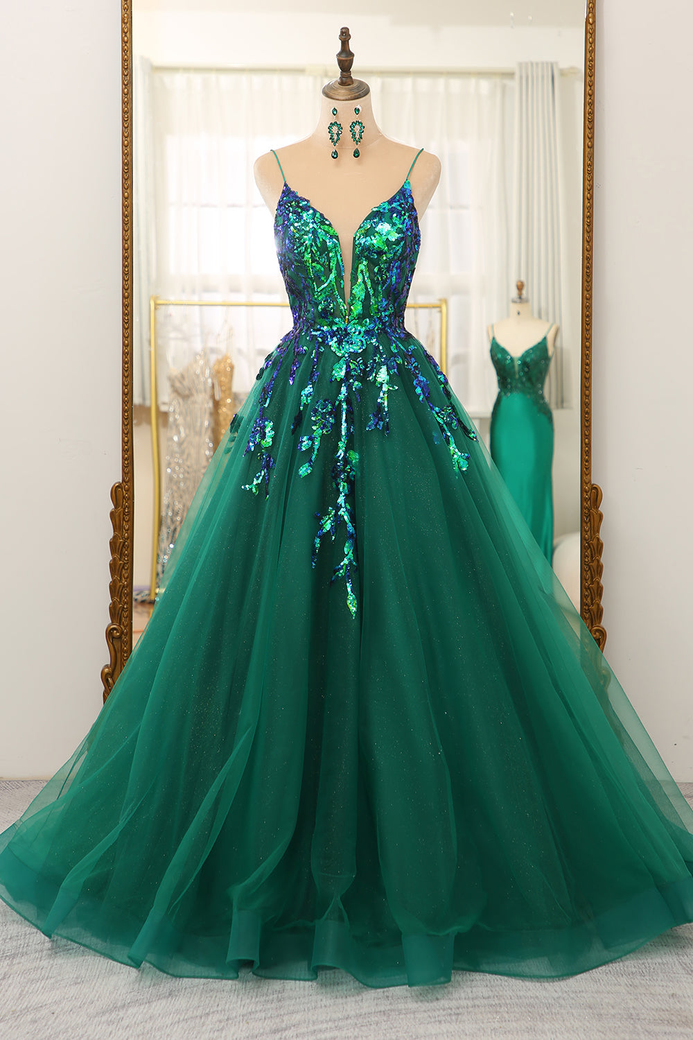 Dark Green A Line Tulle Long Prom Dress With Sparkly Sequined Appliques Sexy