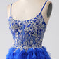Royal Blue Spaghetti Straps Tiered Prom Dress with Sequins Beautiful