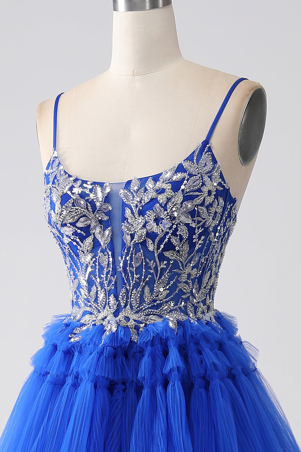 Royal Blue Spaghetti Straps Tiered Prom Dress with Sequins Beautiful