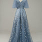 Blue A Line V Neck Tulle Embroidered Leaves Prom Dress Sexy Evening Dresses