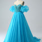 Blue Ball-Gown Sweetheart Beaded Corset Prom Dress with Detachable Sleeves Off Shoulder