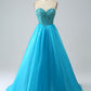 Blue Ball-Gown Sweetheart Beaded Corset Prom Dress with Detachable Sleeves Off Shoulder