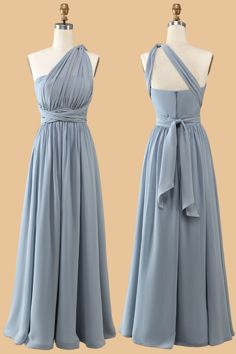 A Line One Shoulder V Neck Halter Neck Floor Length Grey Blue Bridesmaid Dress Beautiful
