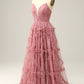 Dusty Rose A-Line Sweetheart Floor Length Tulle Prom Dress V-neck Sexy