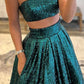 A-Line Gorgeous Two Piece Sequin Long Strapless Floor-Length Prom Dresses Sparkly Evening Dresses