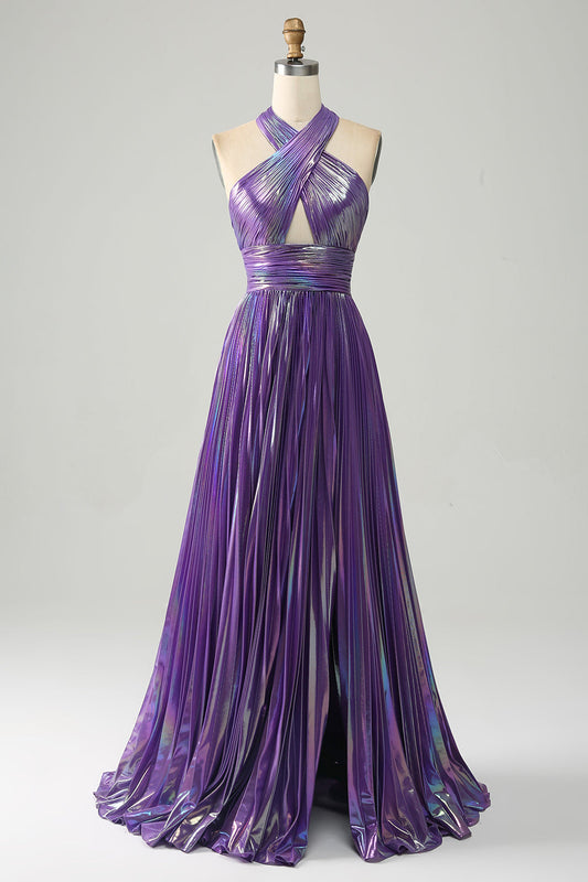 Sparkly Purple A-Line Halter Pleated Prom Dress with Slit Sexy Evening Dresses