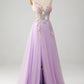 Glitter Lilac A-Line Spaghetti Straps Long Prom Dress with Flowers V-neck Sexy