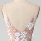 Glitter Lilac A-Line Spaghetti Straps Long Prom Dress with Flowers V-neck Sexy