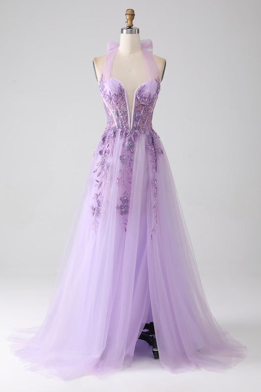 Purple A-Line Halter Neck Beaded Long Prom Dress V-neck With Slit