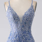 Grey Blue Mermaid Spaghetti Strap Beaded Backless Long Prom Dress With Appliques V-neck