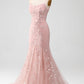 Blush Mermiad Spaghetti Straps Long Prom Dress with Appliques Light Blue With Flowers