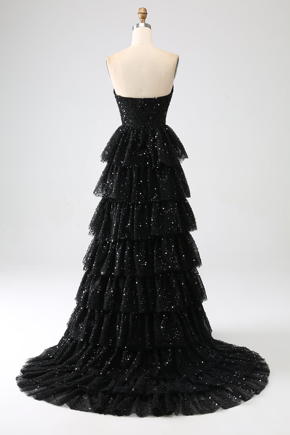 A-Line Sequins Black Tiered Prom Dress with Slit Off Shoulder Floor Length Sparkly