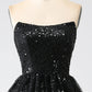 A-Line Sequins Black Tiered Prom Dress with Slit Off Shoulder Floor Length Sparkly