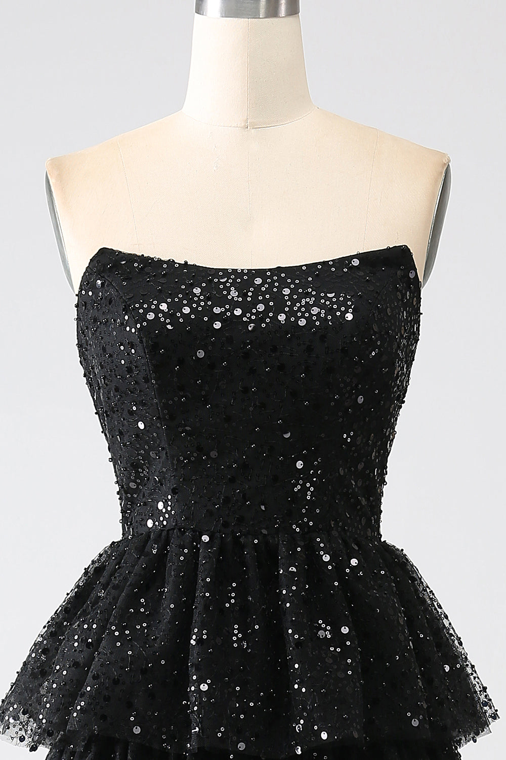 A-Line Sequins Black Tiered Prom Dress with Slit Off Shoulder Floor Length Sparkly