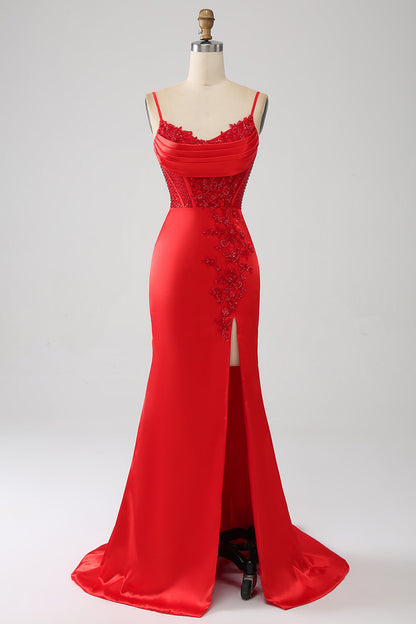 Red Mermaid Spaghetti Straps Satin Beaded Prom Dress with Slit Sexy Evening Dresses