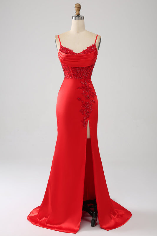 Red Mermaid Spaghetti Straps Satin Beaded Prom Dress with Slit Sexy Evening Dresses