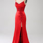 Red Mermaid Spaghetti Straps Satin Beaded Prom Dress with Slit Sexy Evening Dresses