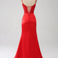 Red Mermaid Spaghetti Straps Satin Beaded Prom Dress with Slit Sexy Evening Dresses