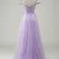 Light Purple A-Line Off The Shoulder Long Corset Tulle Prom Dress with Lace Beautiful