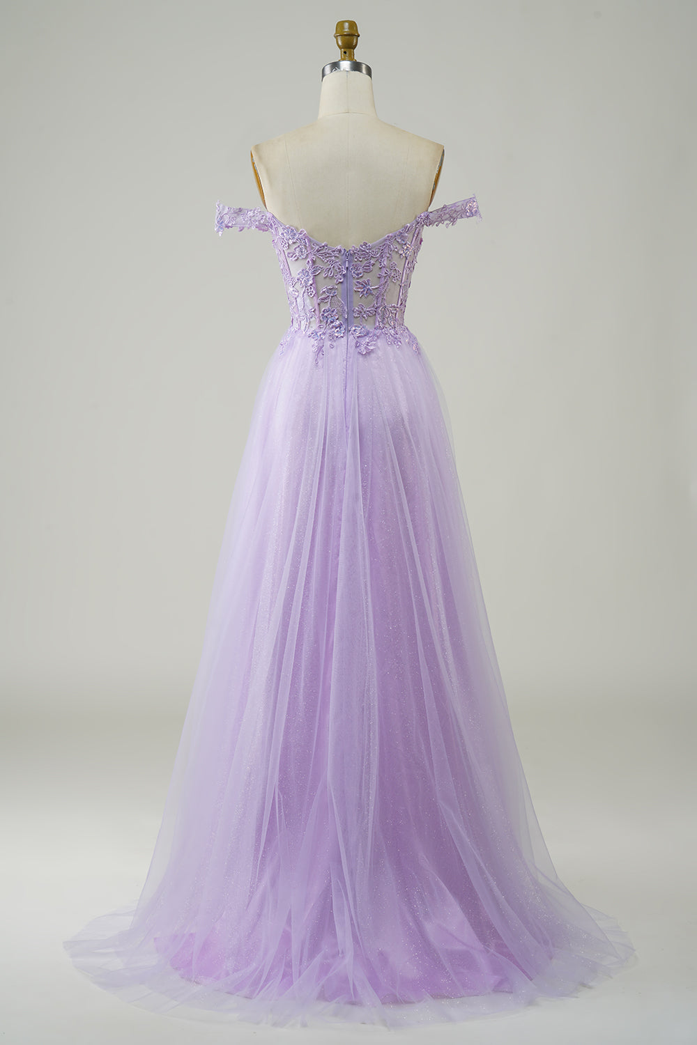 Light Purple A-Line Off The Shoulder Long Corset Tulle Prom Dress with Lace Beautiful