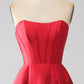 Elegant Princess A-Line Strapless Red Long Prom Dress with 3D Flowers Off Shoulder